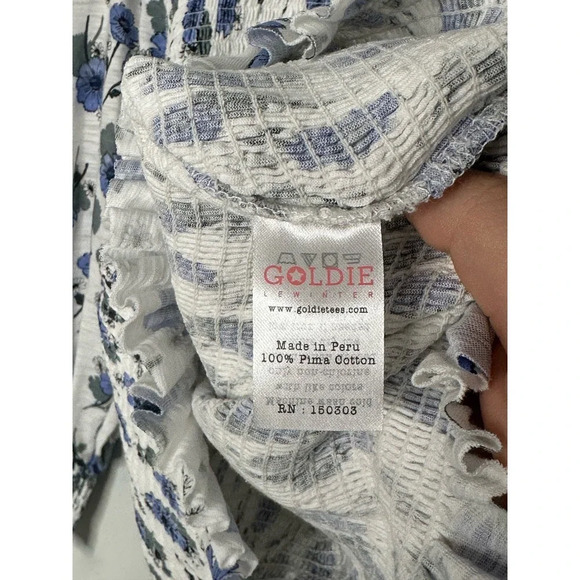 Goldie Lewinter Size L Daisy Print Puff Sleeve Smocked Top in Blue and White - Picture 4 of 5